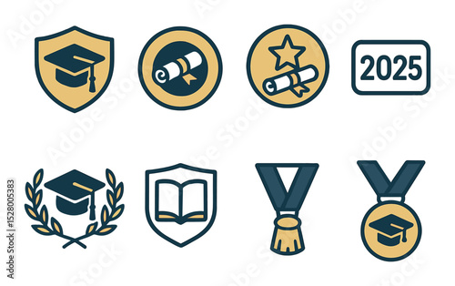 Graduation logo emblems isometric set. shield with cap, circular diploma seal, star and scroll badge, 2025 emblem, laurel wreath with cap, open book crest.