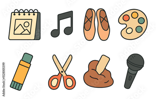 Creative expression isometric set. drawing pad, music note, dance shoes, paint palette, glue stick, scissors, clay mold, microphone