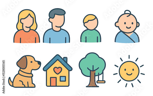 Family drawing basics isometric set. mother figure, father figure, child figure, baby icon, pet dog, house with heart, tree with swing, sun with smile