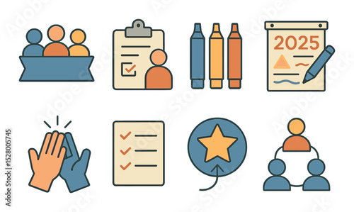 Class of 2025 group project isometric set. team banner, shared clipboard, color markers, poster in progress, high five, checklist, goal star, teamwork icon