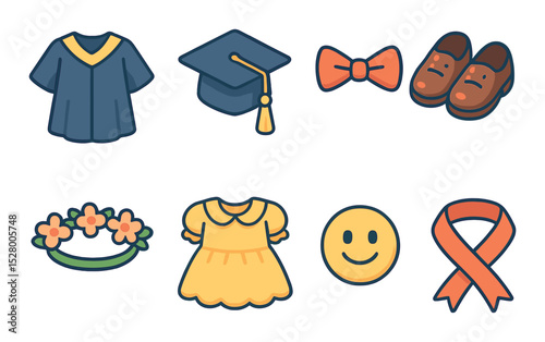 Tiny graduation outfits isometric set. child-sized gown, cap with tassel, bowtie, shiny shoes, flower crown, frilly dress, smiley badge, ribbon sash
