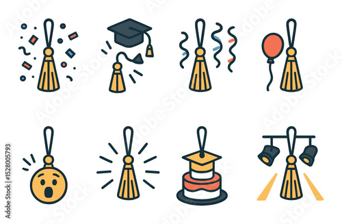 Tassel and celebration isometric set. tassel with confetti, tassel and cap toss, tassel with streamers, tassel and party balloon, tassel and shout emoji.