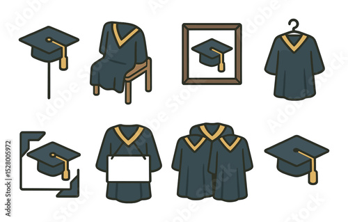 Caps and gowns for photo props isometric set. cap on stick, gown draped over chair, framed cap, selfie-ready gown, cap in photo corner, gown with “Class of