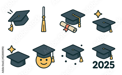 Graduation cap border isometric set. flying caps, tassels, tiny scrolls, stars, sparkles, graduation emojis, confetti dots, 2025 numbers