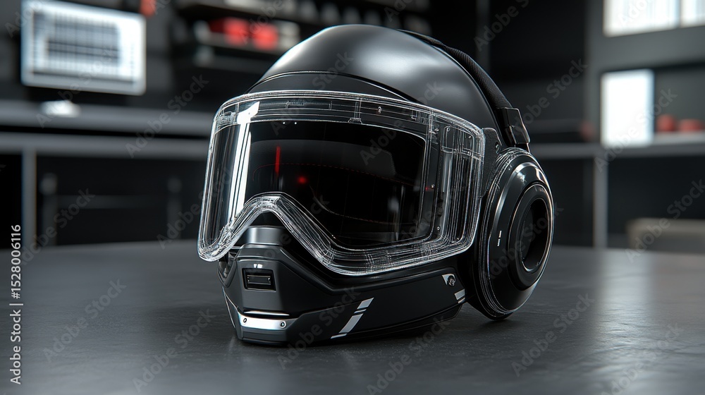 Fototapeta premium Futuristic helmet resting on table in modern setting