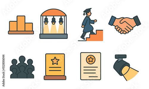 Stage ceremony clipart isometric set. podium, stage lights, student walking up, handshake icon, crowd silhouette, award plaque, program card, spotlight