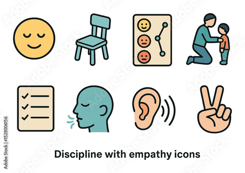 Discipline with empathy isometric set. calm face emoji, timeout chair, emotion chart, parent kneeling, rule board, deep breath icon, listening ear, peace