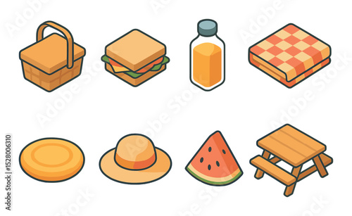 Outdoor picnic isometric set. picnic basket, sandwich, juice bottle, checkered blanket, frisbee, sunhat, watermelon slice, picnic table