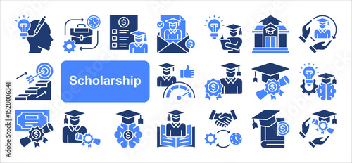 Scholarship icon collection set. Containing financial aid, tuition assistance, grant, fellowship, award, bursary, stipend icon. Simple flat vector illustration.