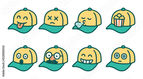 Cap with silly faces isometric set. cap with tongue out, cap crossed eyes, cap sneezing, cap with popcorn, cap with shocked expression, cap in disguise.