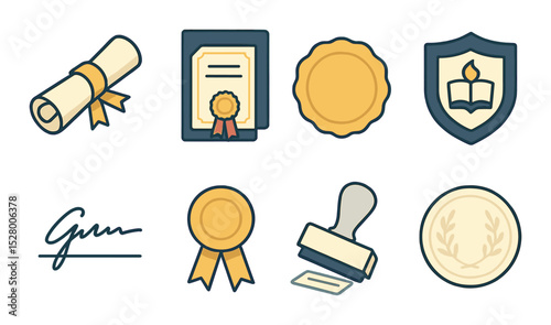 High school diploma elements isometric set. diploma scroll, certificate folder, official seal, school crest, signature line, golden ribbon, date stamp.