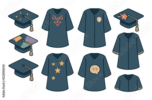 Decorated caps and gowns isometric set. cap with glitter, gown with embroidery, cap with flowers, gown with school logo, cap with patchwork, gown with