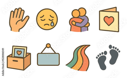 Goodbye moment isometric set. waving hands, tear emoji, hug pose, farewell card, memory box, “See you soon” sign, rainbow path, small footprints