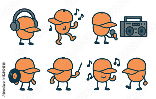 Cap and musical world isometric set. cap with headphones, cap dancing to beat, cap singing, cap near boom box, cap with vinyl record, cap conducting