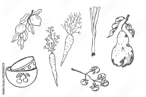 Cottagecore set cosy country rural things sketch. Retro cute whimsy farm themed cottage core aesthetic. Hobby collection, vegetables doodle.