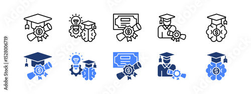 Scholarship icon set with Scholarship, Creativity, Diploma, Graduation, Intelligence Quotient.