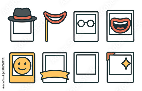 Photo booth frame icons isometric set. cap props, smile cutouts, tiny glasses, funny mouths, emoji face borders, banner text blocks, corner icons, flash