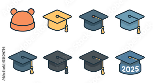 Caps with timeline isometric set. baby cap, kindergarten cap, middle school cap, high school cap, college cap, masters cap, doctorate cap, cap with 2025