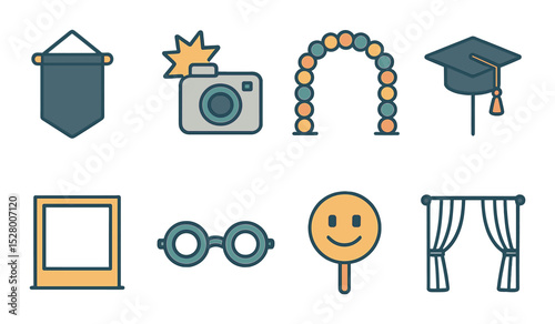 Class of 2025 photo zone isometric set. hanging banner, camera flash, balloon arch, grad hat prop, picture frame cutout, silly glasses, emoji fan, backdrop