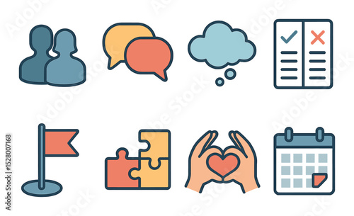 Parenthood decision-making isometric set. couple silhouette, speech bubbles, thinking cloud, pros and cons chart, goal flag, puzzle pieces, heart hands.