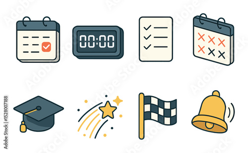 Graduation countdown isometric set. calendar with mark, digital timer, checklist, crossed-out days, motivational quote, spark trail, finish flag, final