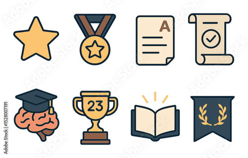 Academic achievement pins isometric set. gold star, best student medal, grade A sheet, test scroll, brain with cap, trophy with year, glowing book, honor
