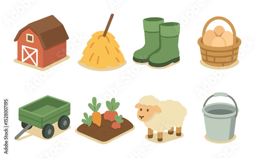 Weekend farm stay isometric set. barn, haystack, farm boots, basket of eggs, family wagon, vegetable patch, sheep icon, milking bucket