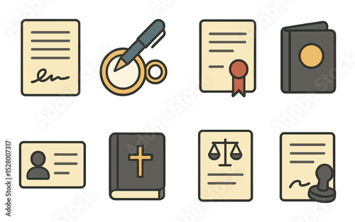 Marriage license and legal isometric set. signed document, pen and ring, certificate seal, legal folder, ID card, officiant book, contract icon, stamped