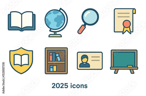 Academic symbols 2025 isometric set. open book, globe, magnifying glass, certificate icon, school crest, library shelf, student ID, classroom board