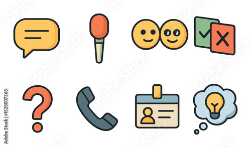 Communication skills isometric set. speech bubble, talking stick, eye contact emoji, yes/no cards, question mark, phone emoji, name tag, idea cloud