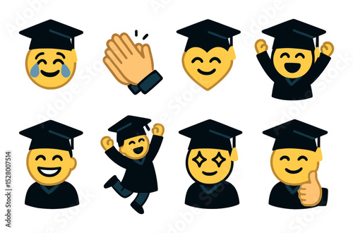 Graduation emotions clipart isometric set. happy tear emoji, clapping hands, proud heart, cheering figure, big smile, jumping graduate, sparkle eyes.