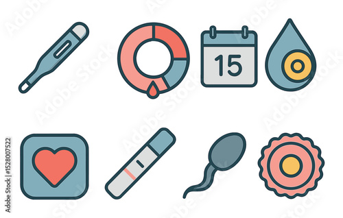 Fertility awareness isometric set. thermometer, cycle chart, day counter, hormone drop, fertility app icon, test strip, sperm icon, egg cell