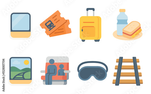 Family train ride isometric set. train window, tickets, rolling suitcase, onboard snack, scenic route icon, family bench, sleeping mask, railway track