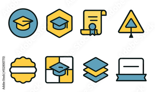 Versatile badge icons isometric set. round cap stamp, graduation hexagon, scroll in square, triangle tassel logo, badge with date strip, modular logo with