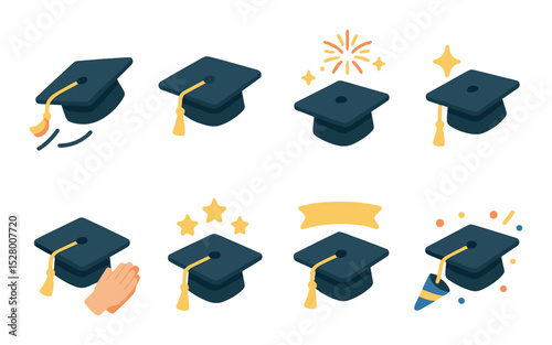 Cap in celebration isometric set. flying cap, cap mid-air, cap with fireworks, cap with sparkles, cap and clapping hands, cap with stars, cap with hooray