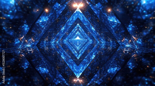 Abstract geometric tunnel with deep blue and gold accents.
