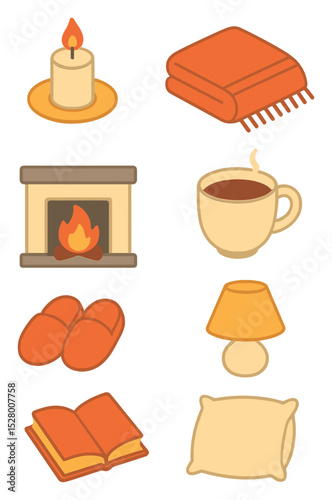 Evening at home isometric set. candlelight, cozy blanket, warm slippers, cup of tea, fireplace, glowing lamp, book, soft pillow