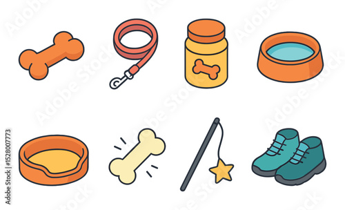 Pet playtime isometric set. dog toy, leash, treat jar, water bowl, pet bed, squeaky bone, cat wand, walking shoes