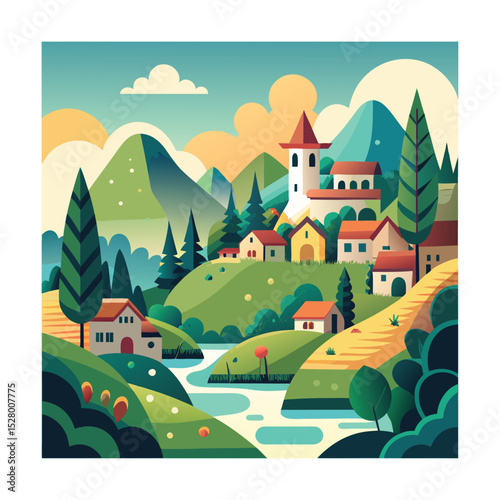 Whimsical Village Landscape with River and Mountains in Flat Art Style

