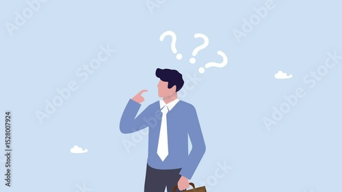 Businessman thinking to make decision animation video, Businessman with suspicious gesture thinking about things with question mark signs video, skeptical, distrust or questioning about business deal.