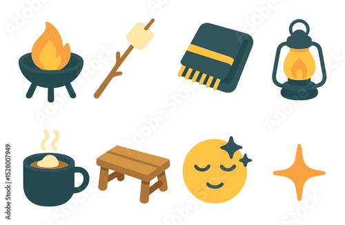 Evening family firepit isometric set. firepit, marshmallow stick, blanket, lantern, mug of cocoa, wooden bench, stargazing face, spark