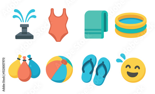 Water play day isometric set. sprinkler, swimsuit, towel, inflatable pool, water balloons, beach ball, flip flops, splashing emoji