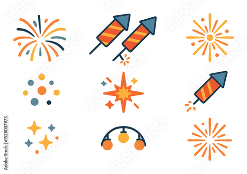 Fireworks and light border isometric set. spark bursts, firework rockets, glow dots, shimmer rays, bang icons, fire trails, night sparkles, celebration