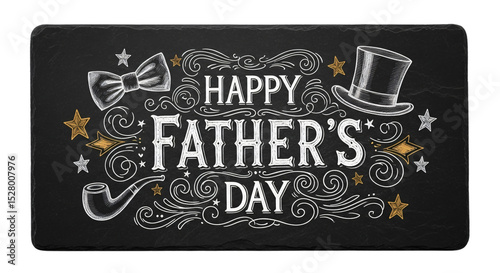 Happy Father's Day chalkboard art featuring elegant typography, classic top hat, dapper bow tie, and vintage pipe on a dark background. Ideal for greeting cards, social media banners,