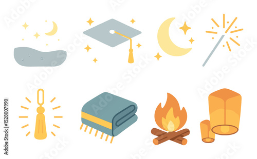 Graduation under the stars isometric set. night sky, cap with stars, moonlight, sparkler, glowing tassel, cozy blanket, fire pit, celebration lanterns
