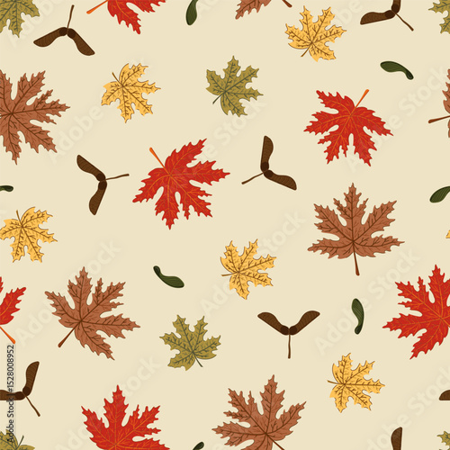 maple leaves and pod colorful autumn seamless pattern. Forest fall plant texture