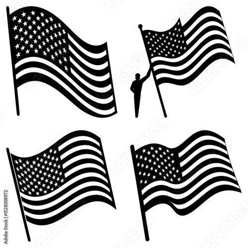 Four black and white american flags waving with one being held by a person on a white background