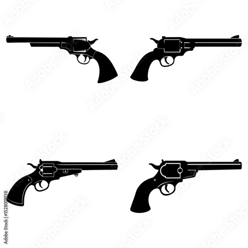 Collection of four black silhouette revolver guns isolated on a white background in a square format