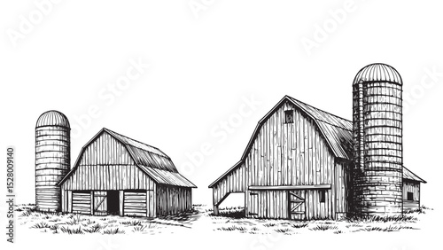 Engraved barn with grain silo vintage rural agriculture property wooden structure bold detailed illustration