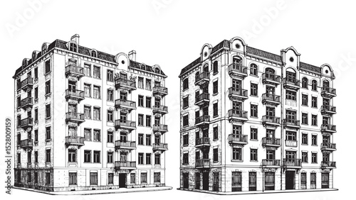 Engraved apartment building multi-story city residence vintage urban architecture detailed bold property illustration